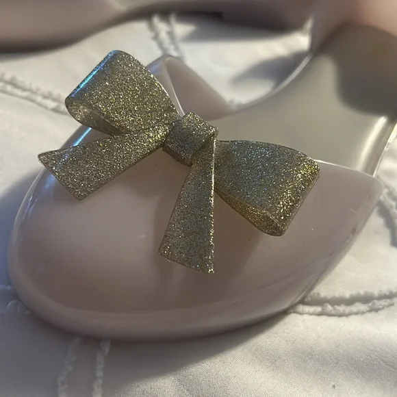 ✨ MELISSA ✨ Cream And Gold Glitter Bow Jelly D’Orsay Flats Size US 9 - Picture 8 of 11